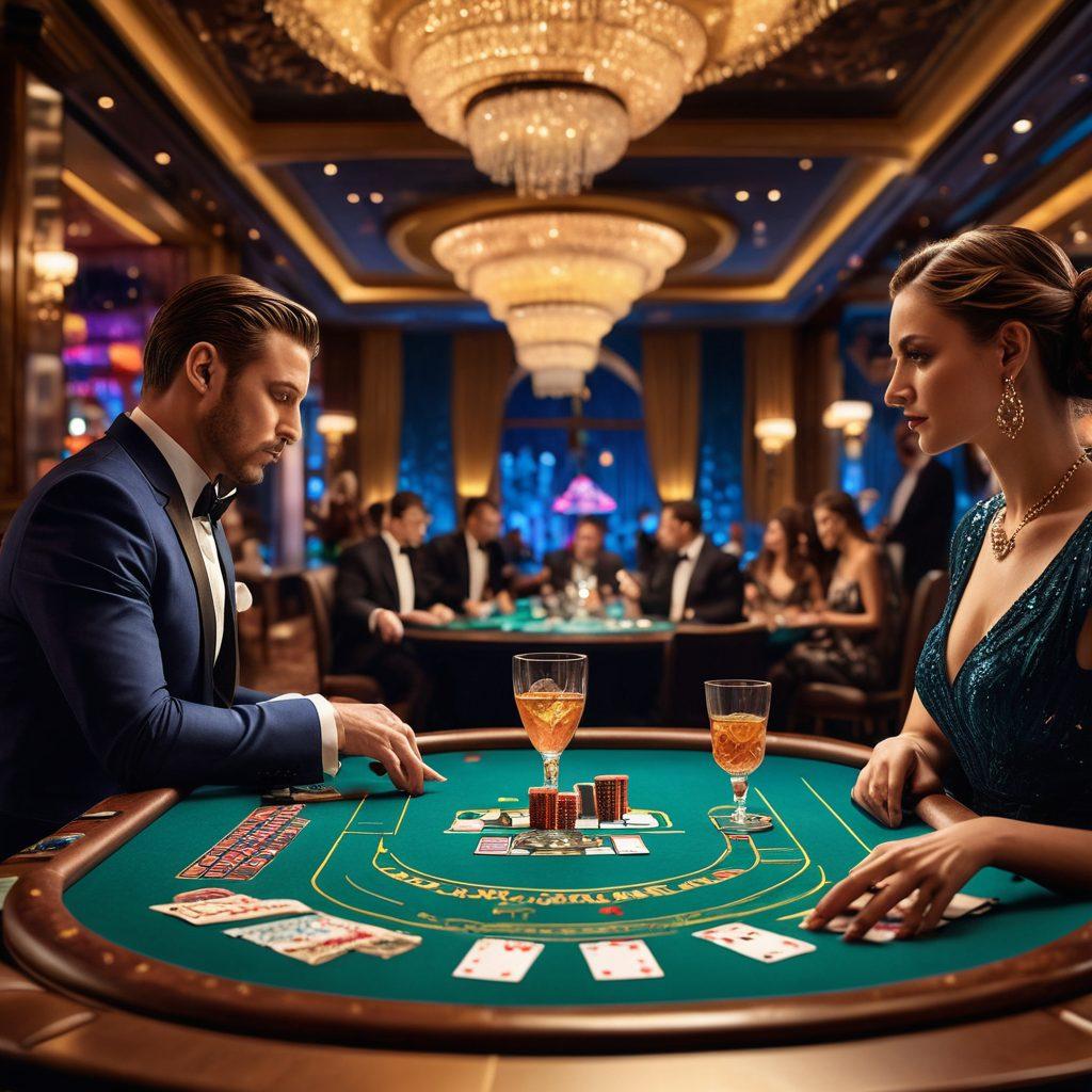 A luxurious casino scene featuring elegantly dressed gamblers at a glamorous high-stakes poker table, surrounded by dazzling lights and rich decorations. Showcase vibrant colors with intricate details of chips and cards, while capturing the excitement and tension in the air. Include a glamorous cocktail bar in the background, filled with classy drinks. super-realistic. vibrant colors.