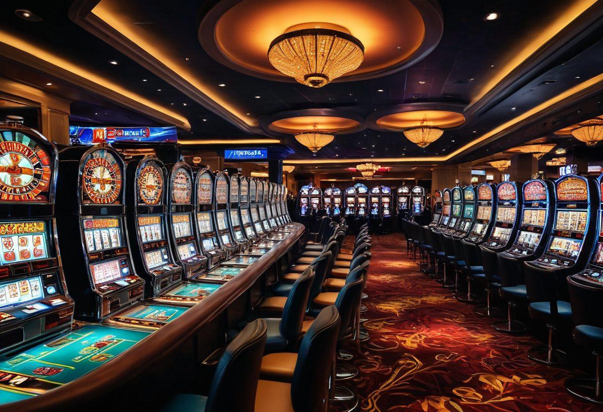 A captivating illustration of a lively casino scene featuring vibrant slot machines with flashing lights, surrounded by elegant live dealer tables in a luxurious atmosphere. Incorporate eye-catching gambling promotions displayed on billboards, showcasing alluring offers, with diverse players enjoying the experience. The setting should exude excitement and glamour, emphasizing the transition from traditional to live dealer games. super-realistic. vibrant colors. dynamic lighting.