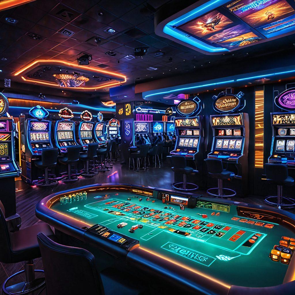 A digital casino landscape with vibrant neon lights, showcasing a variety of gaming options like poker, roulette, and slot machines. Include a large jackpot display glowing in the background, while players engage intently around the tables. Incorporate imagery of digital currency and odds charts floating around, symbolizing smart betting strategies. The overall atmosphere should be immersive and thrilling, evoking excitement and opportunity. cyberpunk. vibrant colors. 3D.